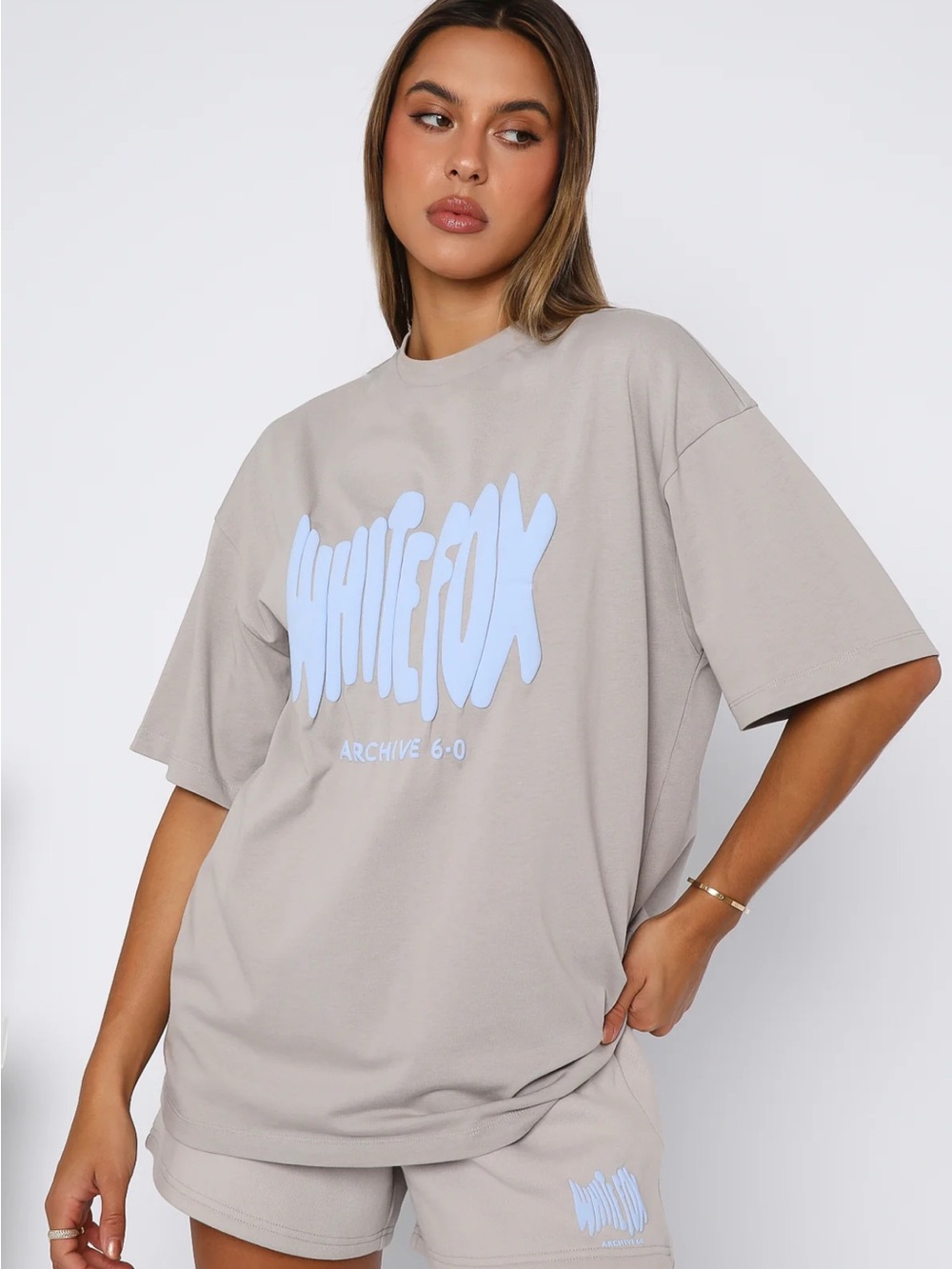 White Fox Taupe Oversized Tee with Pale Blue Logo